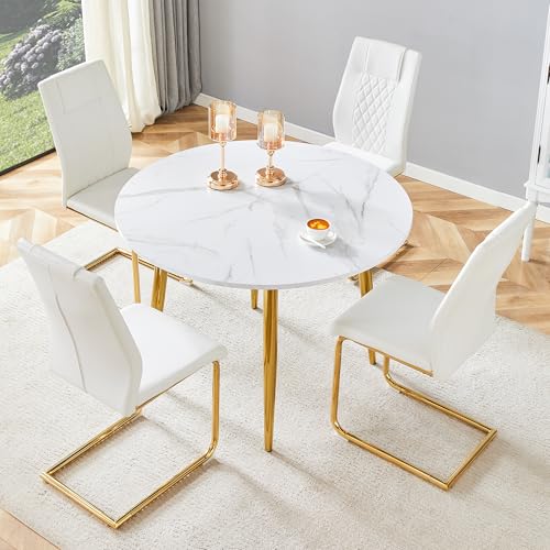 Image of Extendable Round Dining Table Set for 4, 42-54 inch Expandable Dining Table with 4 Upholstered Chairs, Engineered Wood Top, Space-Saving Round Kitchen & Dining Room Table Set(1 Table + 4 White Chairs)