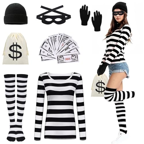 DAZZTIME Disfraz de ladrón de bancos para mujer, adulto, mujer, adulto, disfraz de Halloween para ladrones, camiseta, gorro, guantes, carnaval, fiesta temática