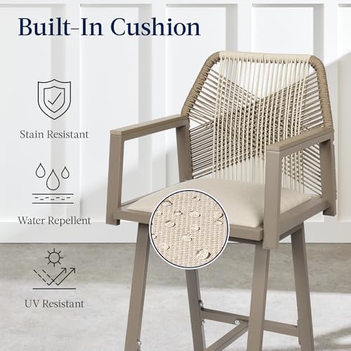 Best Choice Products Outdoor Bar Stools Set of 2, Bar Height, 360° Swivel Aluminum Frame, All-Weather Woven Rope Chair Design w/Armrests - Taupe/Sandstorm - Image 5