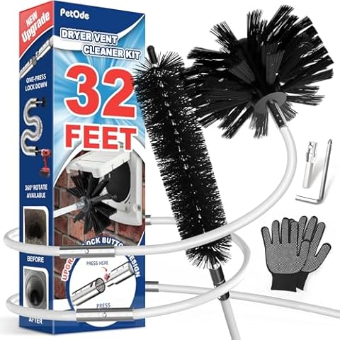 PetOde 32 Feet Dryer Vent Cleaner Kit, Enhanced Flexible Quick Snap Brush with Drill Attachment for Effective Cleaning, 360 Degree Rotation Without Loosening, Use with or Without a Power Drill Cover