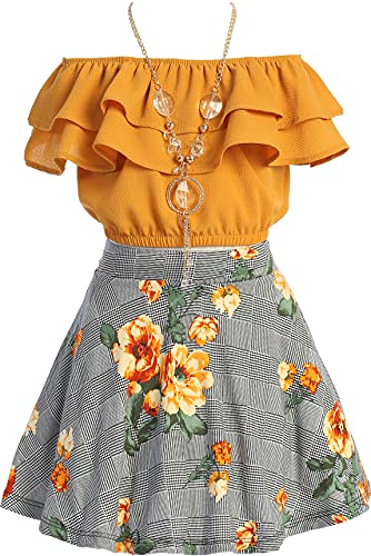 Image of Cold Shoulder Crop Top Ruffle Layered Top Flower Girl Skirt Sets for Girl