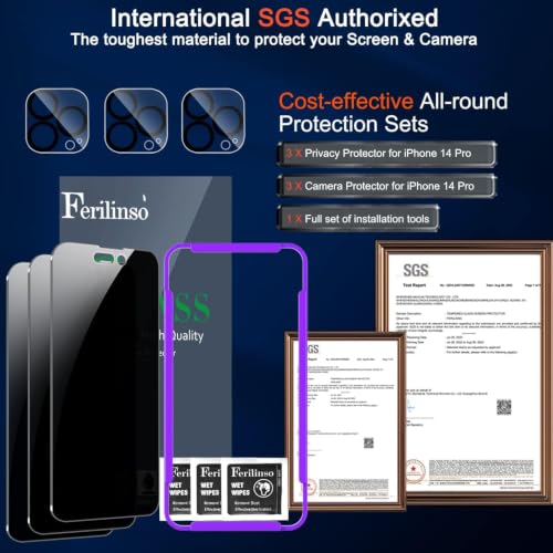 Image of Ferilinso Privacy Screen Protector for iPhone 14 Pro, Tempered Glass | 3 Pack, 9H+ Hardness, Military-Grade Shatterproof, Case Friendly, Easy Installation Bubble Free, with Camera Lens Protectors