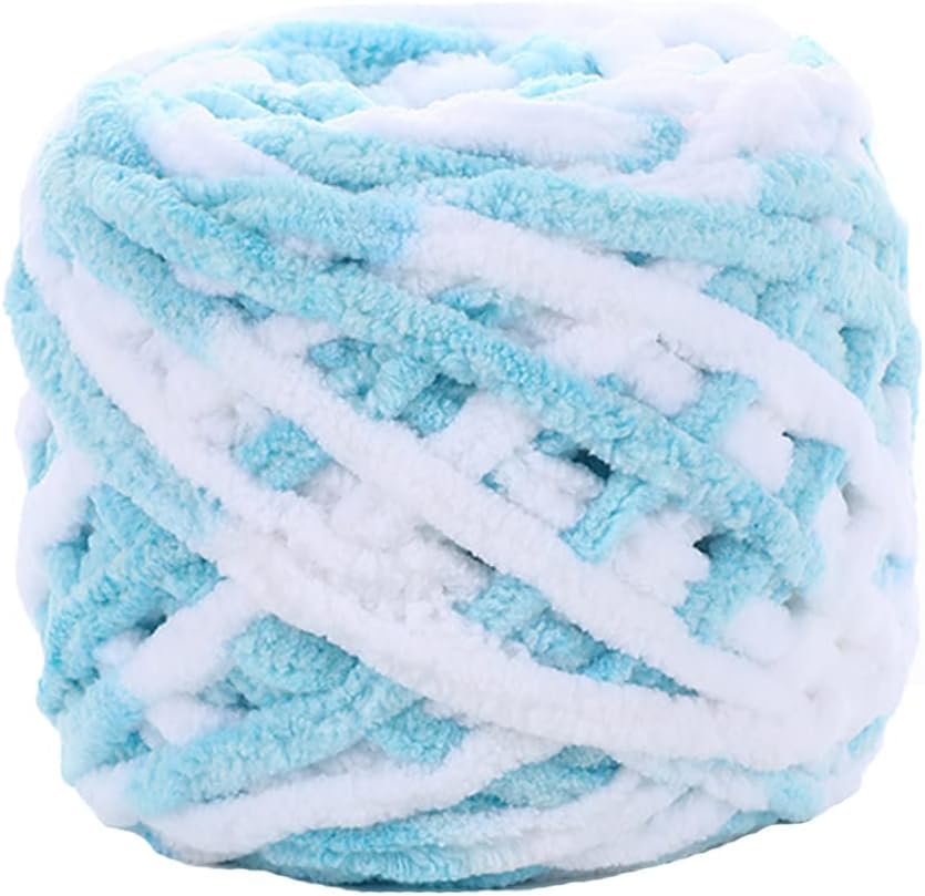 Image of Super Thick Fluffy Jumbo Polyester Baby Blanket Chenille Yarn for Knitting, Crochet & Home Decor Projects, Afghans, throw pillows, cushions & blankets -100 GMS - 6mm thickness - Colour - Sky Ferozi White
