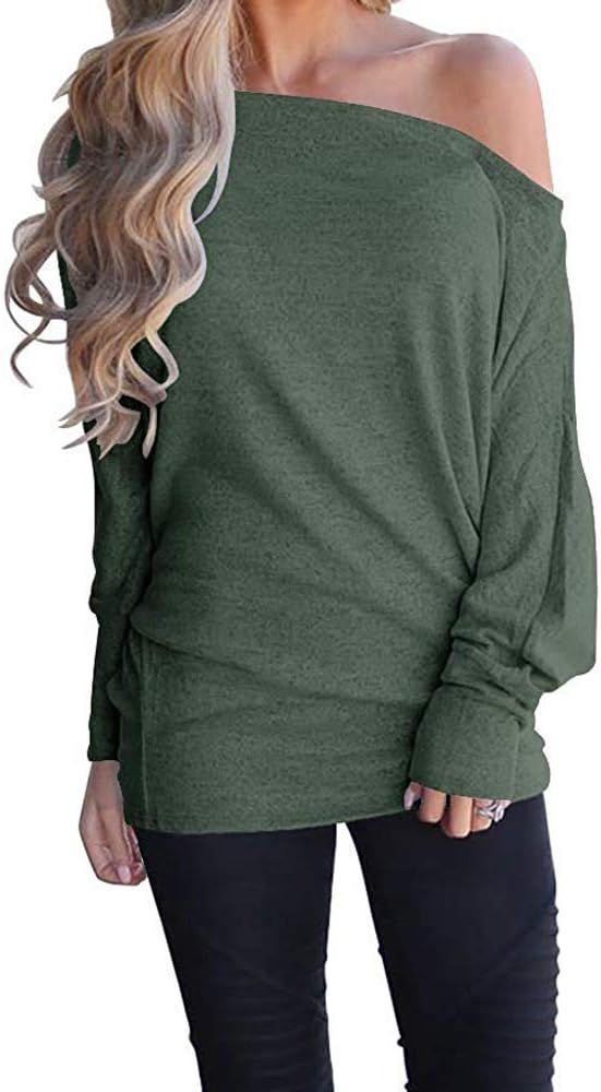 GOLDSTITCH Women's Off Shoulder Tops Casual Loose Batwing Sleeve Shirts Tunic Knit Oversized Pullover Sweater Green