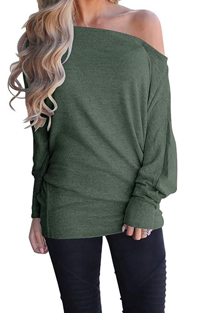 GOLDSTITCH Women's Off Shoulder Tops Casual Loose Batwing Sleeve Shirts Tunic Knit Oversized Pullover Sweater Green