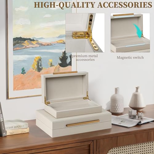 OIHYA Set of 2 Shagreen Decorative Box, Modern Faux Leather Beige Decorative Storage Boxes with Lids and Metal Handles, Jewelry & Memory Box for Home, Office Decor (Beige+Gold Handles) by OIHYA - Image 4