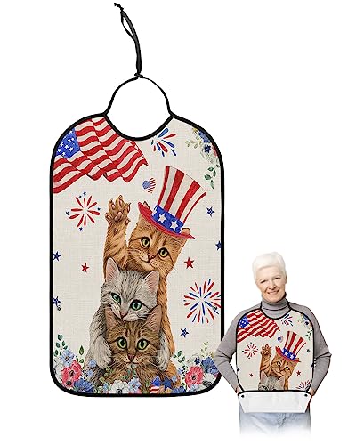 Summer Cat Patriot Poppies Adult Bib for Eating with Crumb Catcher,Washable & Waterproof Terry Cloth Adjustable Elderly Women Men Adult Bibs Funny Apron Clothing Protector Summer Independence Day