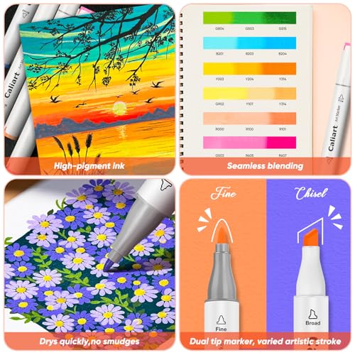 Image of Caliart Markers, 100 Colors Dual Tip Art Markers Sketch Pens Permanent Alcohol Based, with Case for Adults Artists Drawing Illustration Sketching Coloring (White Barrel)