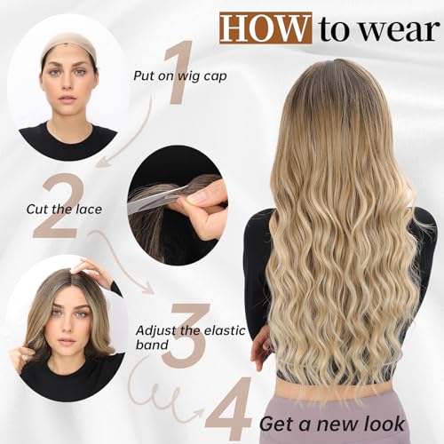 Image of AISI HAIR Dark Root Honey Blonde Wavy Wig with Soft Pink Ends for Women, Long Wavy Lace Hairline Middle Part Synthetic Heat Resistant Wig for Daily Party-26 Inch