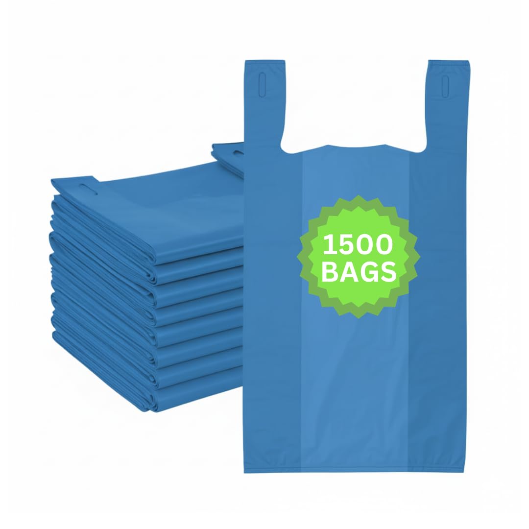 ASSUREPAK Colored Unprinted HDPE T-Shirt Bags - 1/10 BBL 8"X4"X15" - 1500 Units - 14 microns - Blue - Perfect for Groceries, Shopping, Boutique Bags,