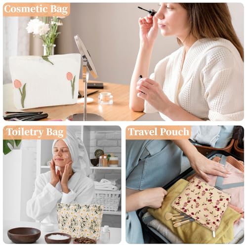 WOZEAH Floral Corduroy Makeup Bag for Purse Small Cosmetic Pouch,Stylish Zipper Make up Pouch Travel Canvas Toiletry Bags(Pink Rose)4