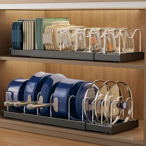 Magheo 2 Pack Expandable Food Storage Container Lid Organizers, 22″ Pots and Pans Organizer Under Cabinet with 9 Adjustable Dividers Pot and Pan Lid Holders Rack Inside Cabinet(Black)