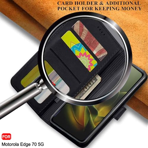 Image of TheGiftKart Flip Cover Back Case for Motorola Moto Edge 70 5G | Genuine Leather Finish | Designer Button | Inbuilt Pockets & Stand | Wallet Style Flip Case Cover for Moto Edge 70 (Faux Leather, Black)