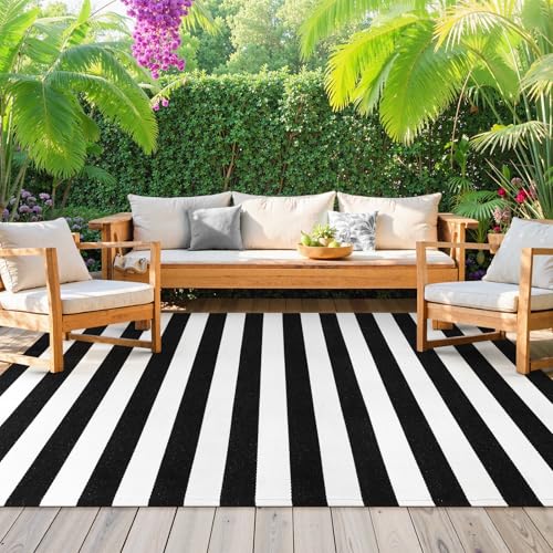 Black and White Striped Rug 5' 7" x 7' 7" Washable Large Patio Ru...