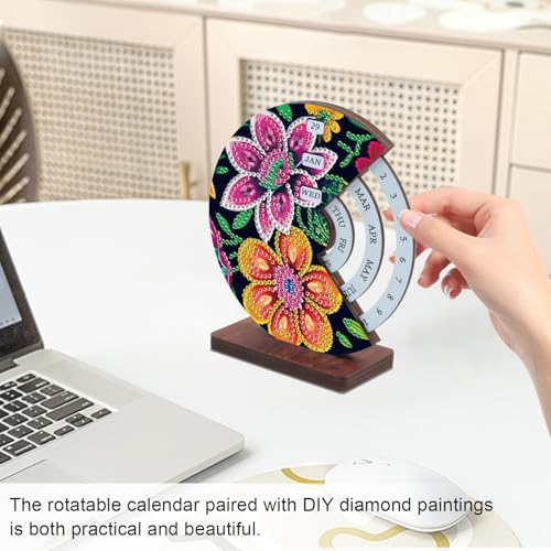 Image of AiYuanzsh DIY Diamond Art Tabletop Perpetual Calendar, 3D Wooden Desk Ornament with Floral Design, Sparkling Crystal Diamond Painting Kit for Desktop Decoration