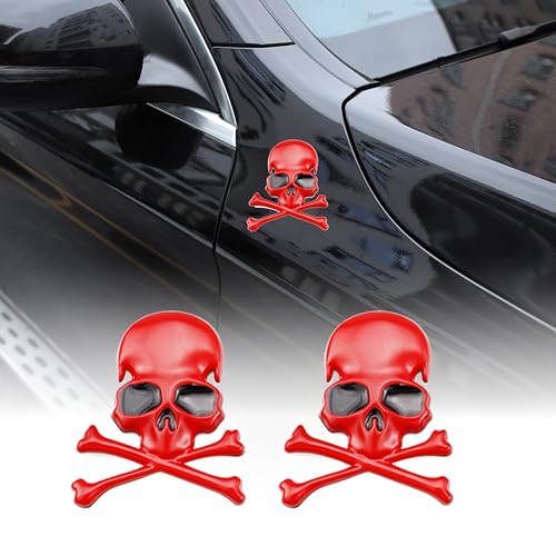 Image of 3D Skeleton Skull Emblem Car Side Rear Front Hood Trunk Door Fender Bumper Tail Box Car Motorcycle Personality Decoration Metal Badge Decal Sticker (1 PCS, Red Black), CR-Sk