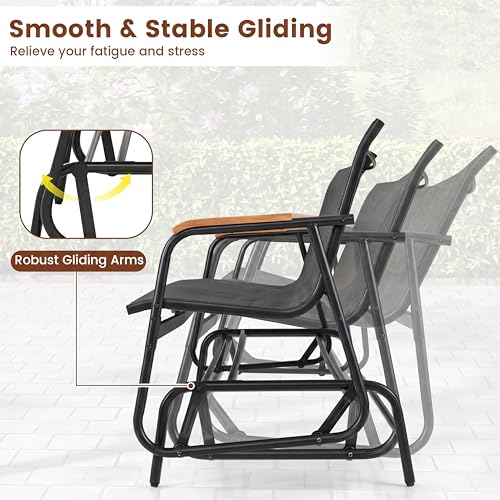 Image of Giantex Patio Glider, 3-Person Swing Gliding Loveseat with Curved Teak Armrests, Fabric Seat, Metal Frame, Load 990lbs, Outdoor Rocking Chair for Porch, Yard, Poolside,Grey