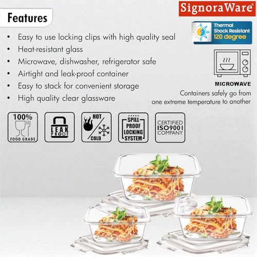 Image of Signoraware Safe Store Glass Square Containers | Airtight & Leakproof | Microwave Safe | Ideal for Reheating, Baking or Serving, Office Lunch & Outdoor Activities (320ml+520ml+800ml | Setof3 | Clear)