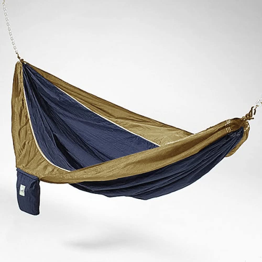 Extra Large Double Hammock for 2 Person, UV Resistant, Parachute Silk, Waterproof with Stuff Sack | Hanging Style with Hooks, Size 8Ft L X 6Ft W, Quick Drying, Cozy Soft Durable Navy Blue Brown Color