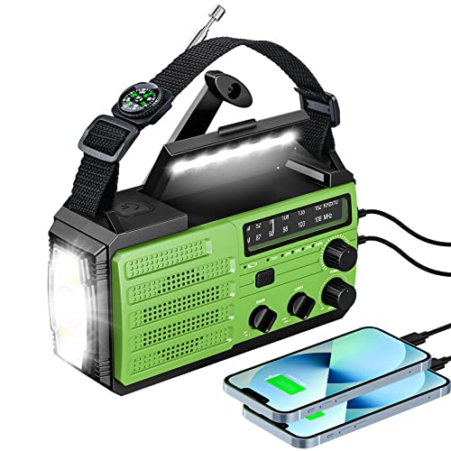 Gueray Radio Portátil de Emergencia Radio Solar 8000mAh Batería Recargable Am/FM Radio con Alarma SOS y Linterna Cargador de Tteléfono Brújula para Acampar al Aire Libre Senderismo Verde