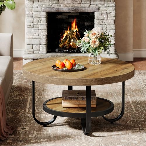 Tribesigns Table Basse Ronde pour Salon, Table Centrale à 2 Niveaux avec étagère de Rangement, Table à Cocktail Industrielle de 79 cm avec Pieds incurvés en métal Robustes, Assemblage Facile (Marron)