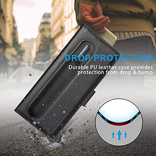 Kezihome Samsung Galaxy Z Fold 3 Case With S Pen Holder, Galaxy Z Fold 3 Wallet Case Pu Leather [Rfid Blocking] Card Slot Shockproof Flip Phone Cover Compatible With Z Fold 3 5G (2021) (Black) #TOP6