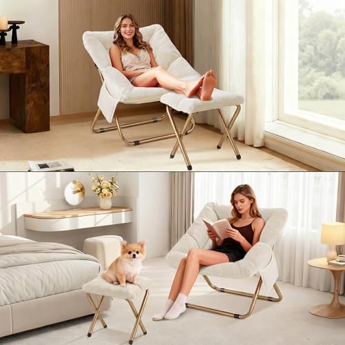 Comfy Saucer Chair for Adults, Foldable Living Room Chairs, Soft Faux Fur Lounge Chair for Bedroom, Reading Chairs, X-Large (Ottoman-White) - Image 5