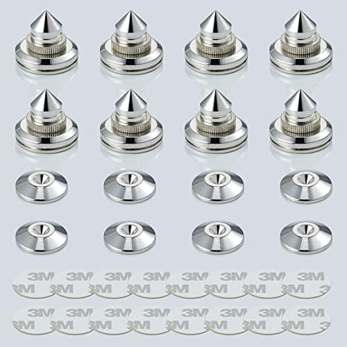 Pailvens Speaker Spikes Floor Protectors 8pcs, Adjustable Shockproof Speaker Isolation Stand Feet for HiFi Amplifier, Subwoofer, DAC Recorder, Turntable, Cone Base Pad with 3M Adhesive, Silver