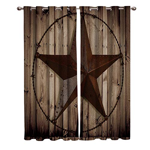 Yogaly Blackout Curtains Set for Kids Room Bedroom Livingroom Western Texas Star Rustic Wood Grain Prined Curtains Heat Blocking Drapes Windows Treatment Curtains Grommet Top 40(W) X63(H) InX2