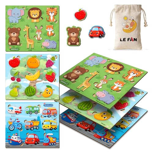 Image of Lefan Wooden Peg Puzzle Set for Kids 2-4 Years | Animals, Fruits & Vehicles Learning Puzzle Boards | MDF Wooden Educational Toy for Toddlers | 3 Boards with Easy Grip Pieces