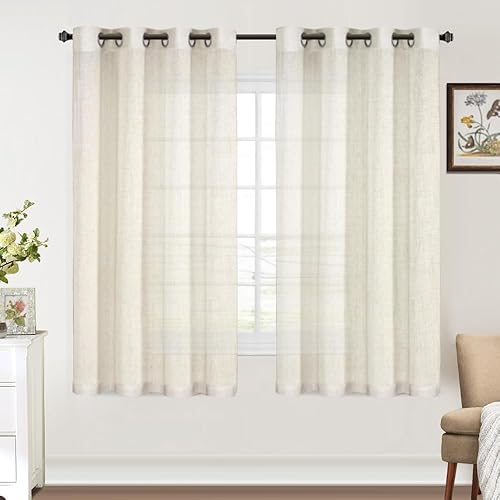 FantasDecor Juego de 2 paneles de cortinas traslúcidas de lino de 63 pulgadas de largo, cortinas de privacidad para filtrar la luz, con ojales, para
