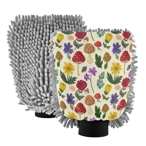 Kigai Cute Cartoon Mushrooms Car Wash Mitt Microfiber, 2Pcs Scratch Free Lint-Free, Premium Chenille Microfiber Mitt Car Wash Brush-M