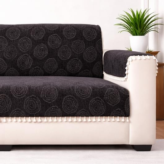 Image of STITCHNEST Woven Fabric Sofa Cover 3 Seater with 2 Hand Rest Covers - Washable Black Sofa Cover with Tassels - Durable Premium Fabric - Stylish Sofa Protector for Living Room & Furniture Decor