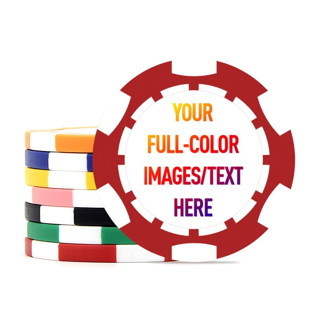 MARRILYTON 100 Clay Custom Poker Chips, Drink Token Chips Imprinted with Your Logo, Image and Text on Chips, Heavy 11.5 gram Casino Sized Poker Chips for Weddings, Parties, Corporate Events (Red)