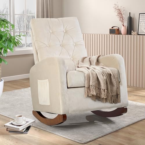 Image of Nursery Rocking Chair, Oversized Dutch Velvet Upholstered Nursery Glider Rocker with Solid Wood Base and Side Pocket, Comfy High Back Armchair Single Sofa Chair for Living Room, Bedroom, Office, Beige