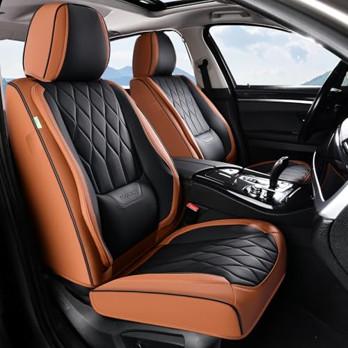 Image of FLORICH Car Seat Covers Full Set Automotive Seat Covers with Lumbar Support Premium Nappa Leather Waterproof Seat Covers for Car 5 Seats Universal Fit for Most Car Truck SUV, Brown&Black