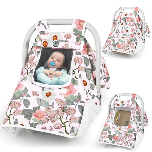 Image of Baby Carseat Seat Cover Girls, Winter Carseat Canopy, Cozy & Warm Cover with Zipper Peep Windows, Infant Minky Carrier Cover, Soft Breathable, Baby Must Have, Retro Flower