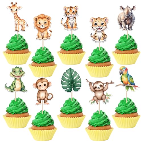 40 piezas de animales de la selva decoración para tartas, león, mono, jirafas, cupcakes, tigre, hojas tropicales, decoración para tartas, temática de animales de safari, temática de bebé, ducha, niños