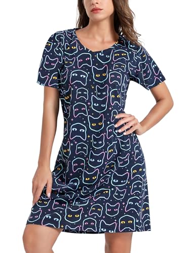 Image of ENJOYNIGHT Womens Cotton Nightgown Short Sleeve Sleepshirt Print Nightshirt | Short-Sleeve Crew Neck, Soft Cotton Fabric, Cartoon Printed Sleep Shirt, Loose Fit