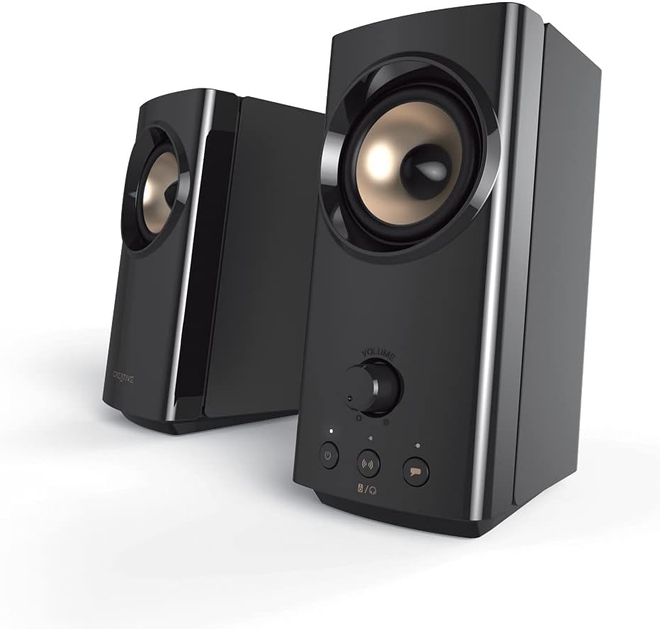 Creative T60 2.0 Compact Hi-Fi Desktop Speakers w/Clear Dialog & Surround by Sound Blaster, USB-C Audio, Mic and Headset Ports, Bluetooth 5.0, Up to 60W Peak Power, for Computers & Laptops (Renewed)