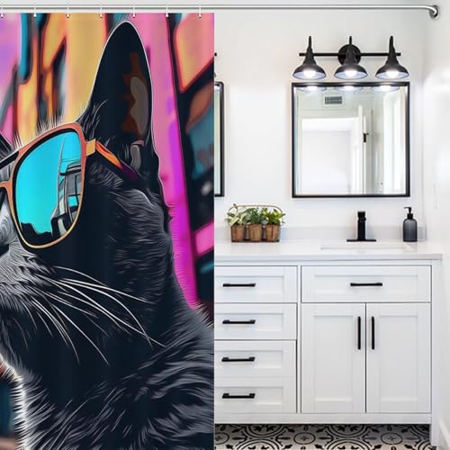 Rideau de douche chat lavable en machine avec œillets et crochets antirouille
