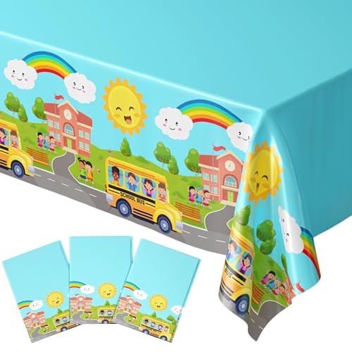 Blue Orchards School Bus Tablecovers (Pack of 3) - School Bus Wheels Tablecloth, Kindergarten Graduation Decorations, Party Supplies