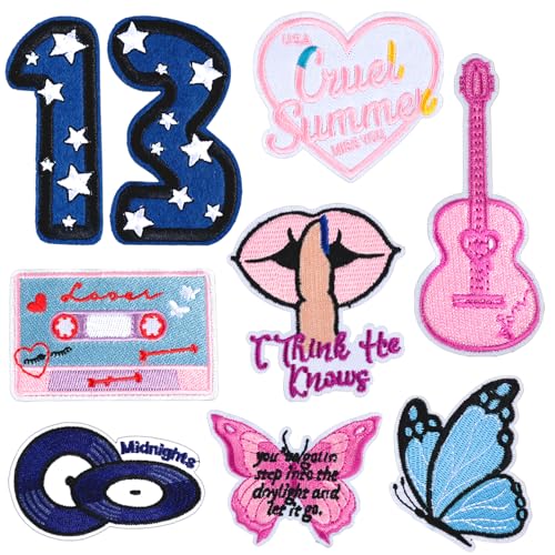ZLSPTK 9Pcs Music Singer Embroidered Iron on Patches for Hat Clothing Backpack Pink Popular Sew Applique Number Fabric Repair Patch Set DIY Craft Accessories Collection Merch Gifts for Music Fans