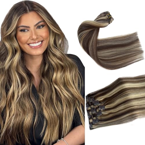 Image of Clip in Hair Extensions Real Human Hair, Chocolate Brown Balayage Blonde Highlights Hair Extensions Real Human Hair Clip ins 7pcs 70G 12 Inch Clip in Hair Extension Human Hair Clip in Extensions