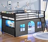 ADORNEVE Low Loft Bed Twin Size with Tent, 5 Storage Drawers, LED Lights, Metal Kids Loft Bed with Bookcase & Under-Bed Play Space,Twin Loft Beds with 13.8''H Safety Guardrail,Inclined Ladder, Black