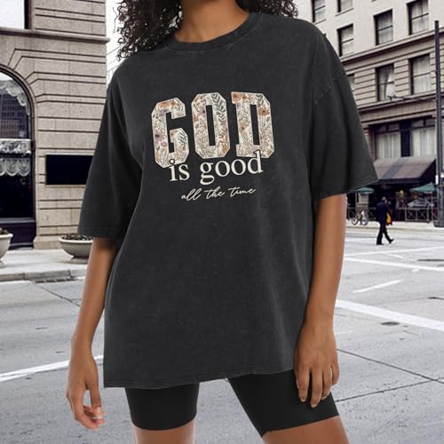 Image of Christian God is Good Shirts for Women Jesus Faith Religious T Shirts Floral Graphic Oversized Acid Washed Tee Tops
