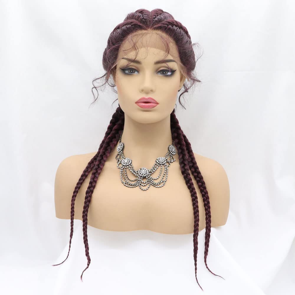 Xiweiya 26 inches Wine Red Braided Wig Synthetic Lace Front Wig 4 Box Braids 360 Full Lace Wig Gold Color Cornrow Braid with Baby Hair Halloween
