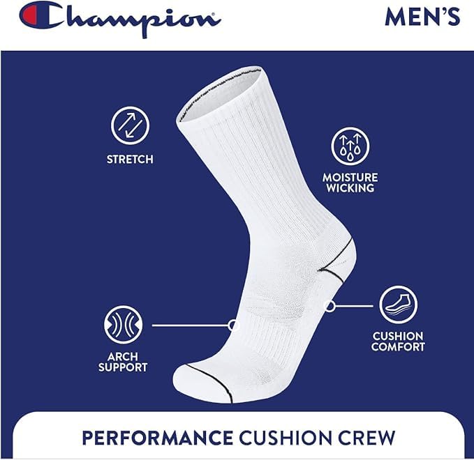 Image of Champion Men's Cushioned Crew Socks 5-Pack - Moisture-Wicking Athletic Crew Socks with Arch Support (Sizes 6-12)