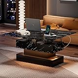 SYESWAY 39.4' Lift Top Coffee Table with Charging Station, 4-in-1 Multifunctional Coffee Table with Storage & Hidden Compartments, High-Glossy Marbling Print LED Center Table for Living Room, Black