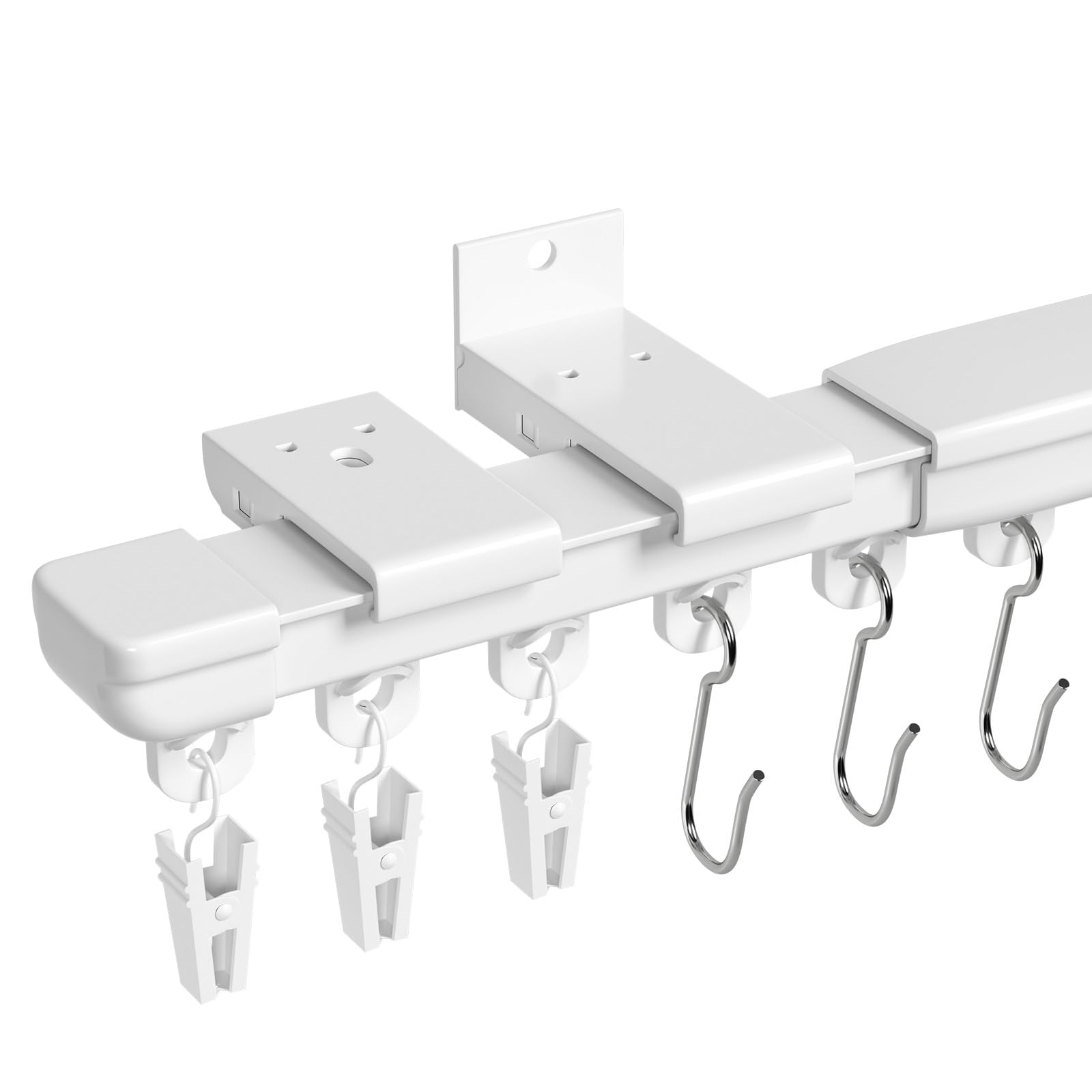 Gardinenschiene 1-läufig aus Aluminium, Teleskop 90‑275 cm Vorhangschiene weiß, Wand‑ und Deckenmontage, kein Sägen, für Wohnzimmer, Schlafzimmer, Balkon